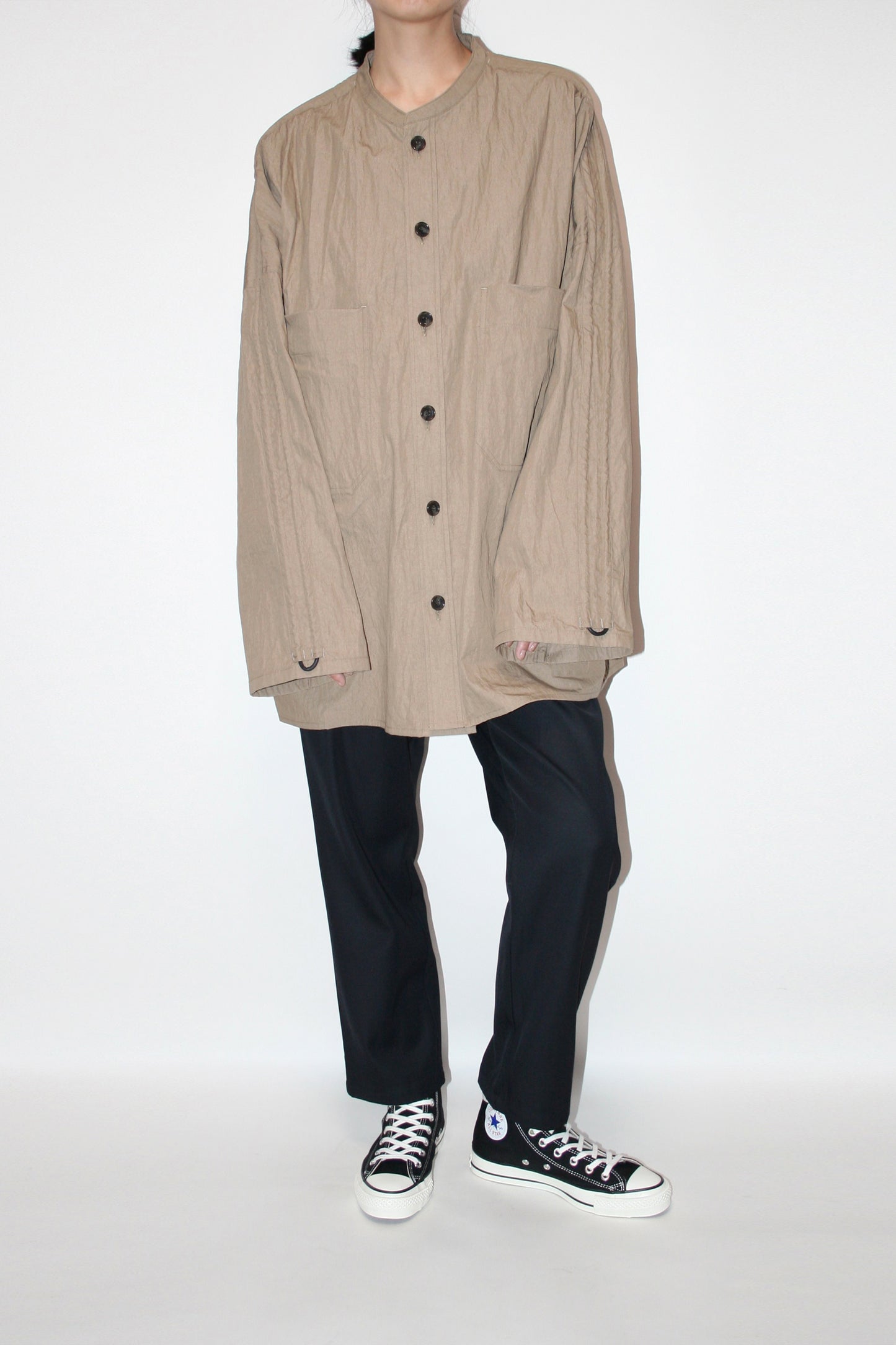 VOAAOV COTTON x NYLON RUDEBACK HALF SHIRT - BEIGE