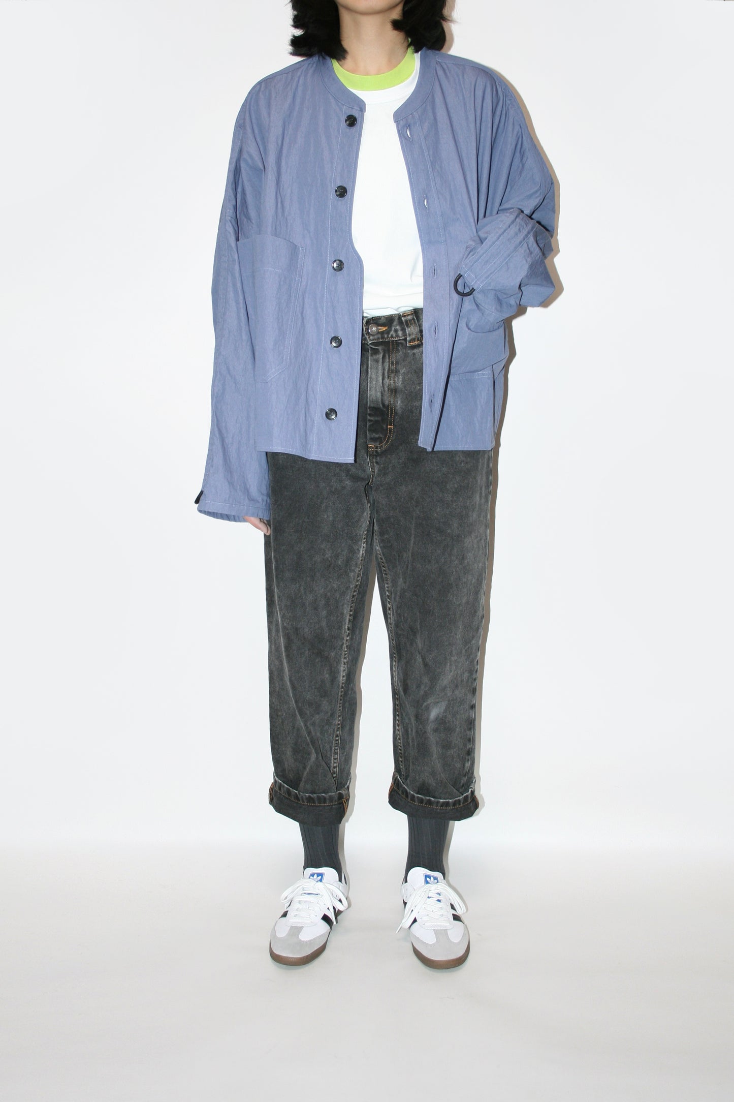 VOAAOV COTTON x NYLON RUDEBACK HALF SHIRT - PURPLE