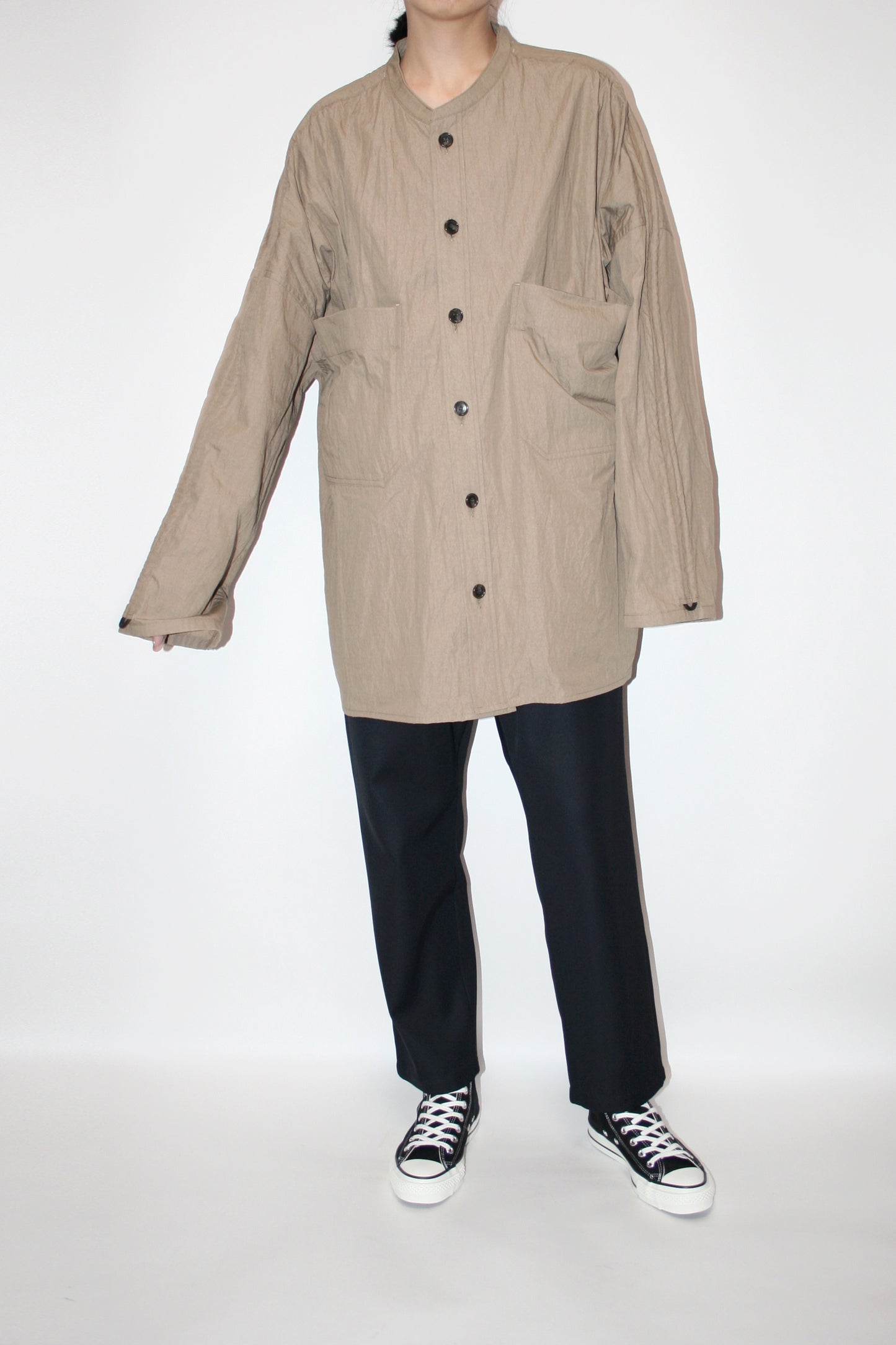 VOAAOV COTTON x NYLON RUDEBACK HALF SHIRT - BEIGE