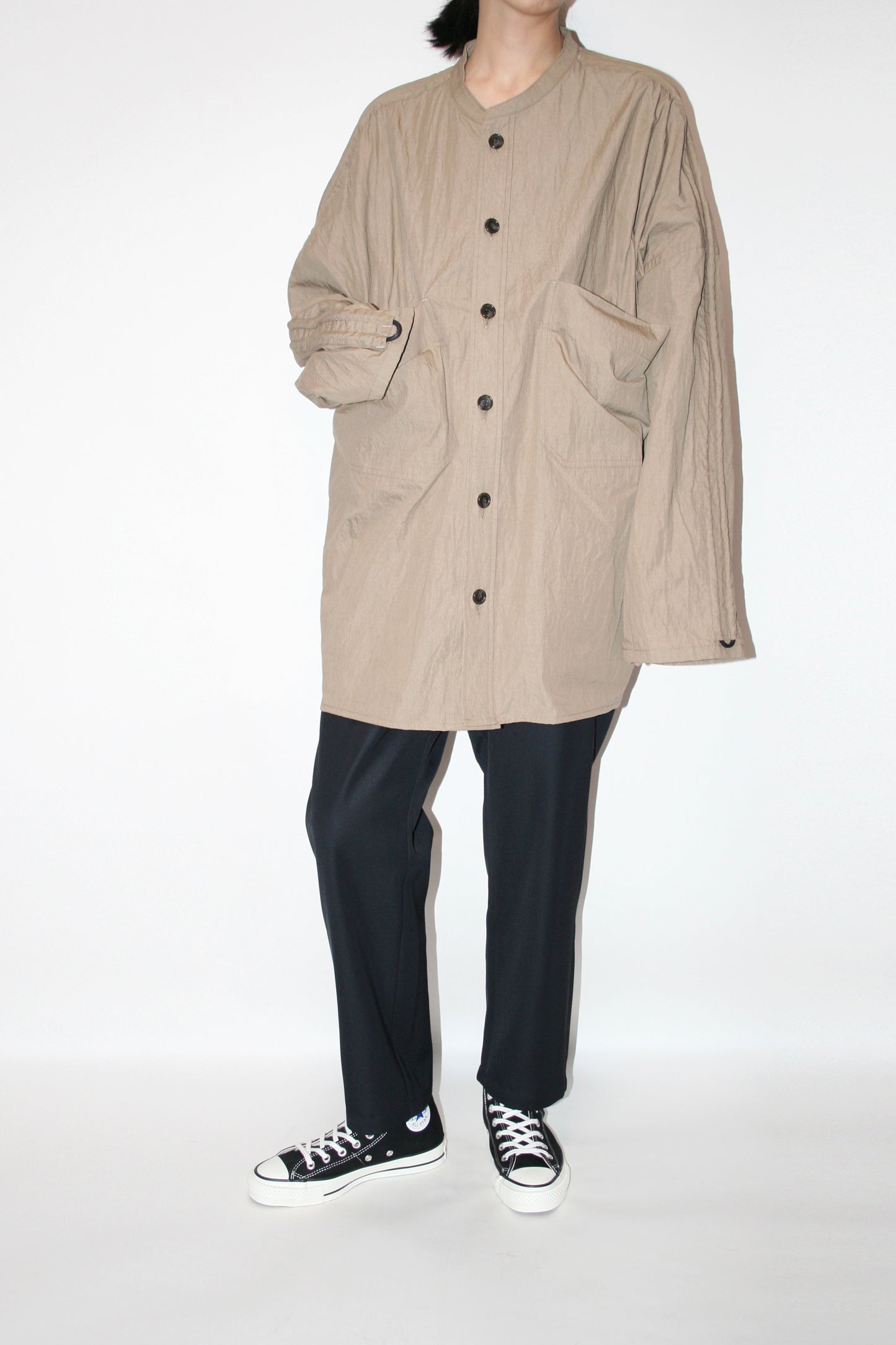 VOAAOV COTTON x NYLON RUDEBACK HALF SHIRT - BEIGE