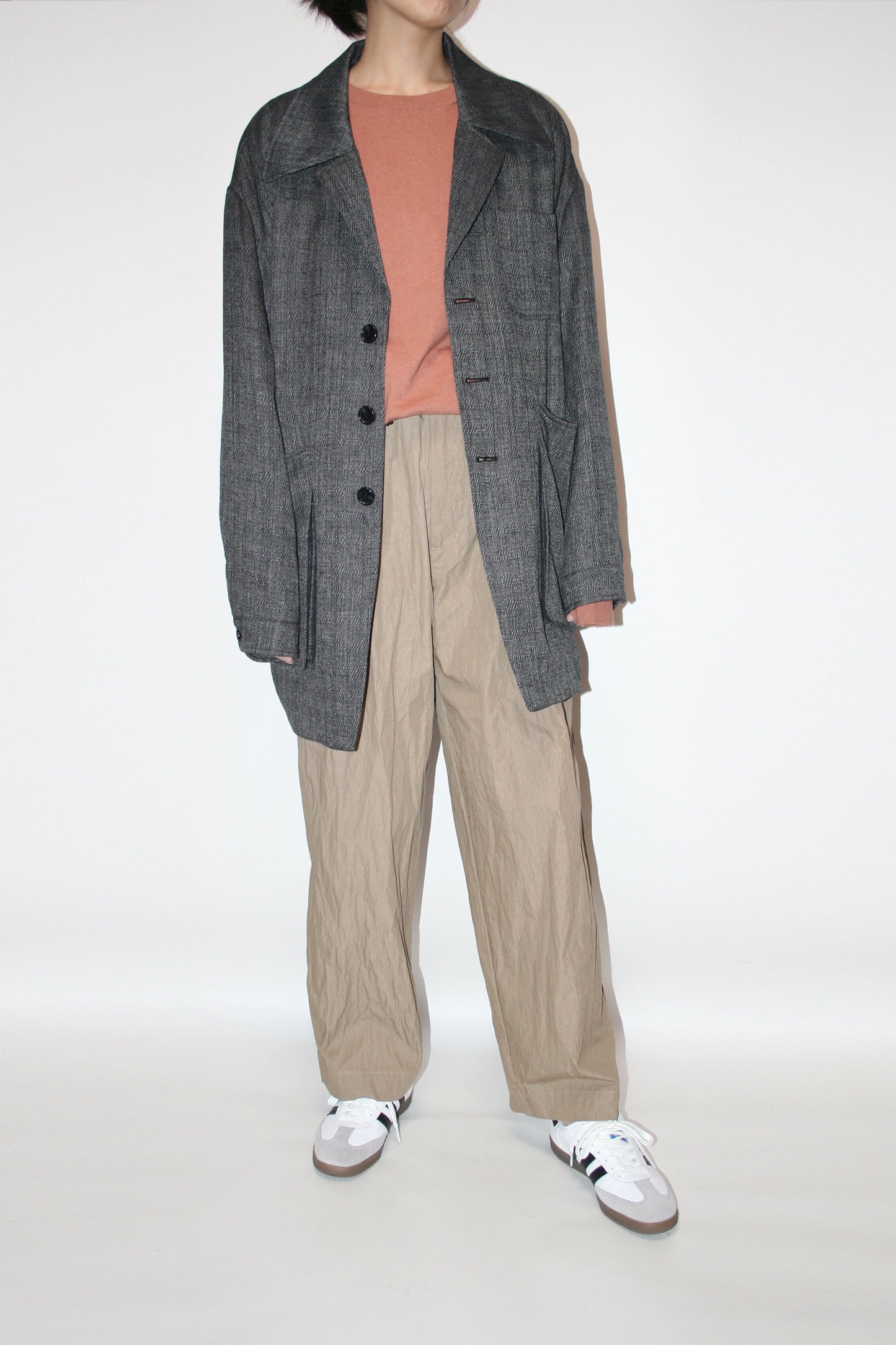 VOAAOV BISHU LINEN x POLYESTER BLENDED YARN DOBBY WEAVE JACKET - GRAY/DOBBY