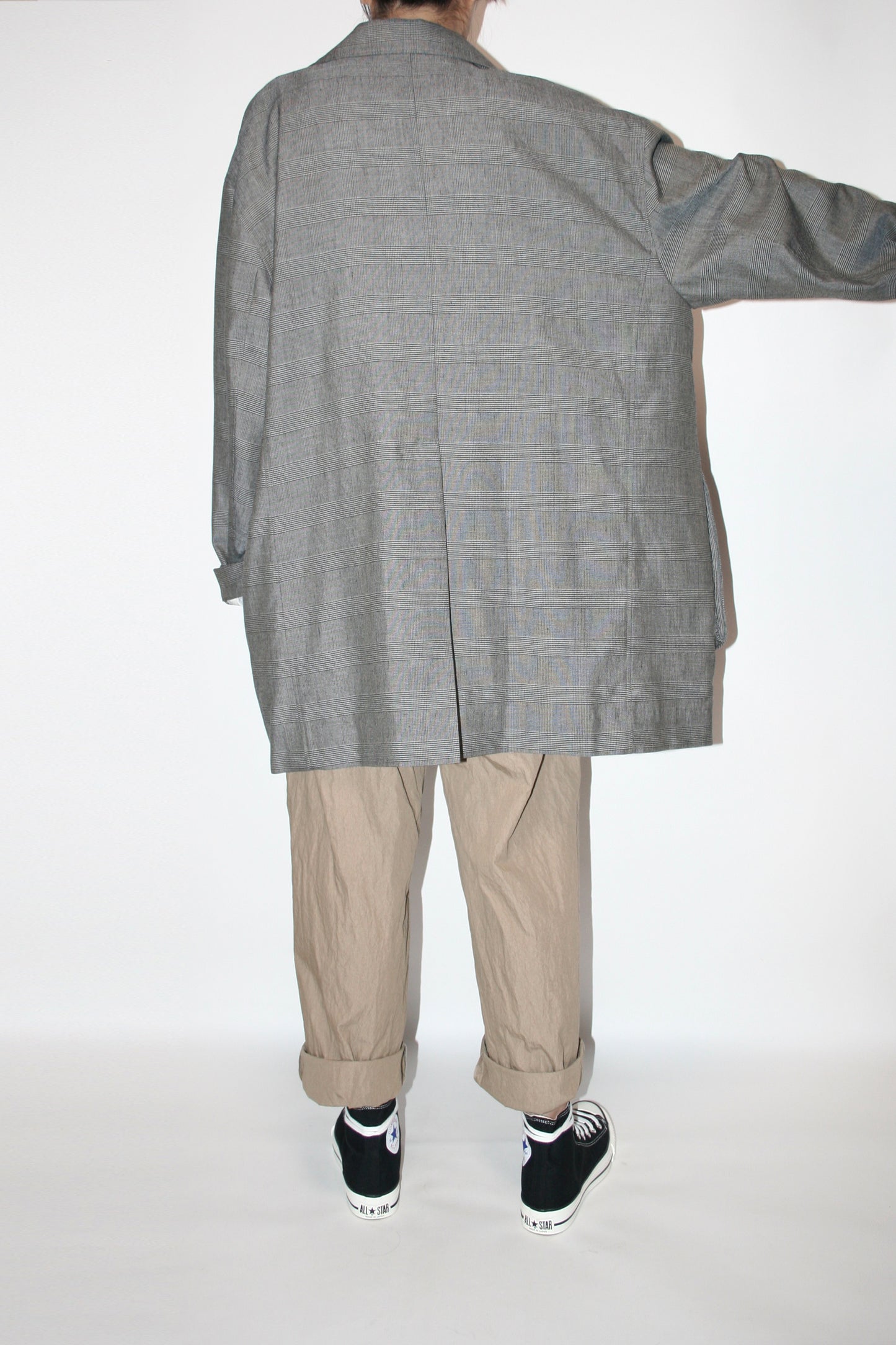 VOAAOV BISHU LINEN x POLYESTER BLENDED YARN GLENCHECK JACKET - BEIGE/CHECK