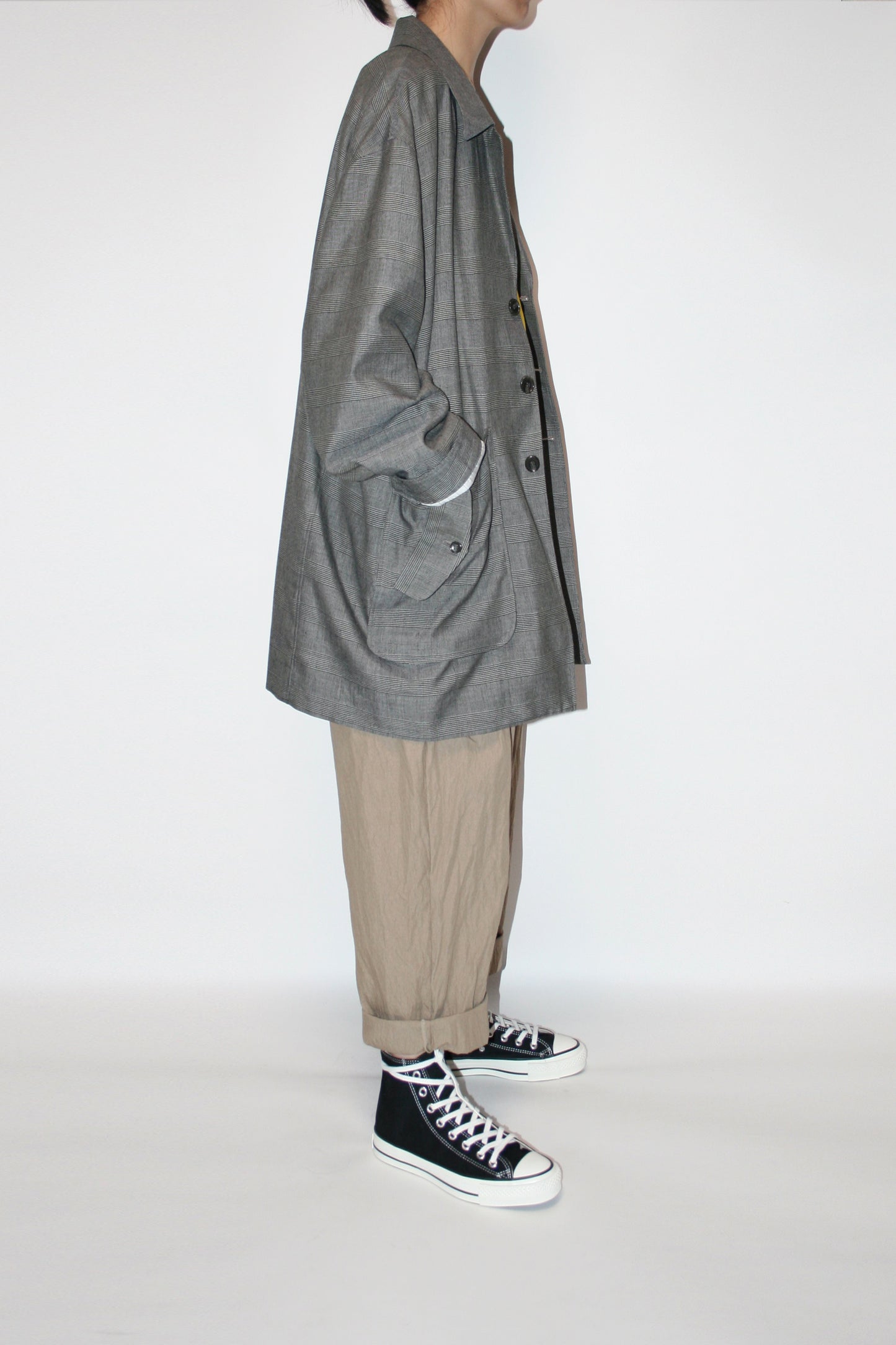 VOAAOV BISHU LINEN x POLYESTER BLENDED YARN GLENCHECK JACKET - BEIGE/CHECK