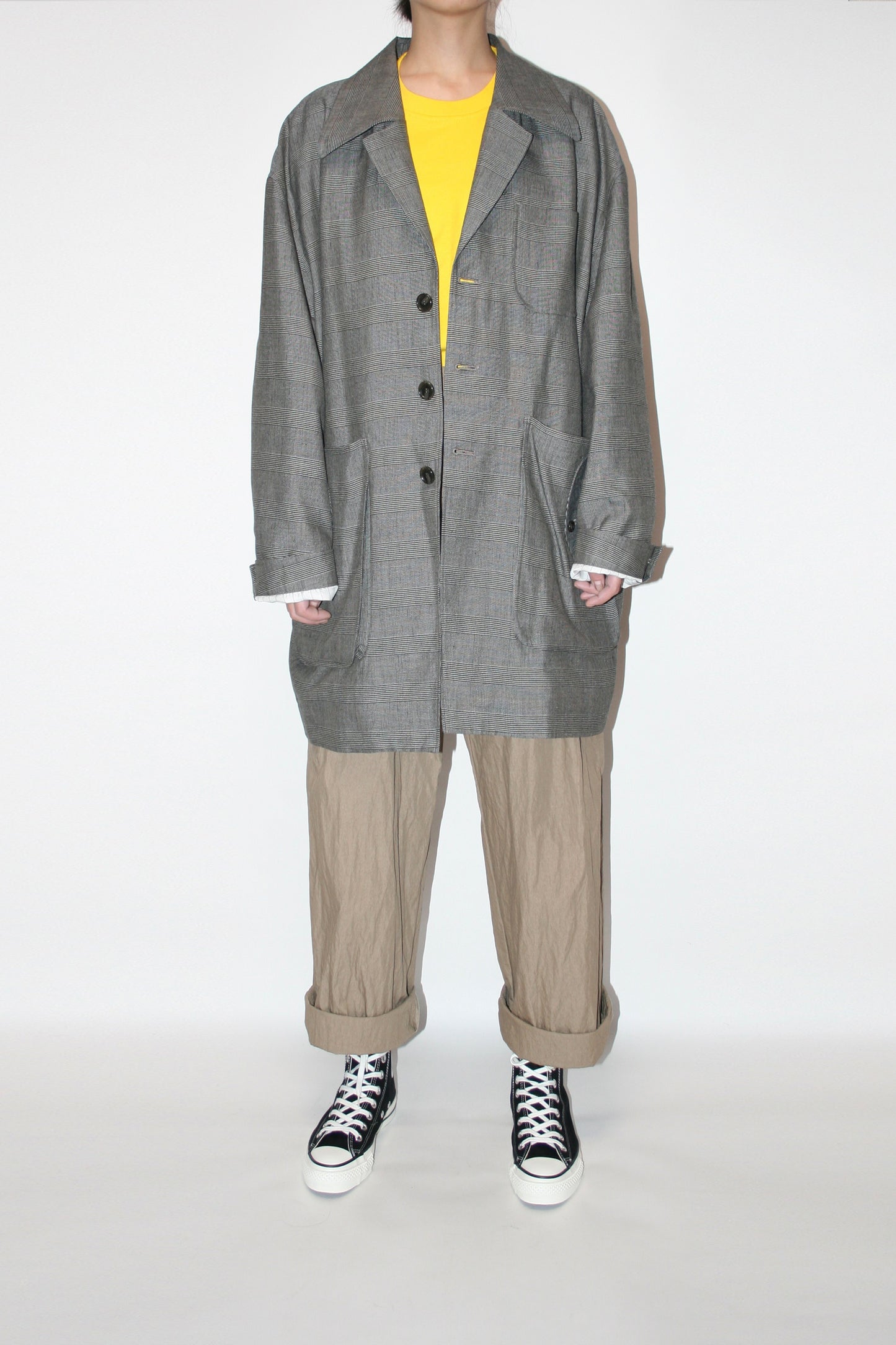 VOAAOV BISHU LINEN x POLYESTER BLENDED YARN GLENCHECK JACKET - BEIGE/CHECK