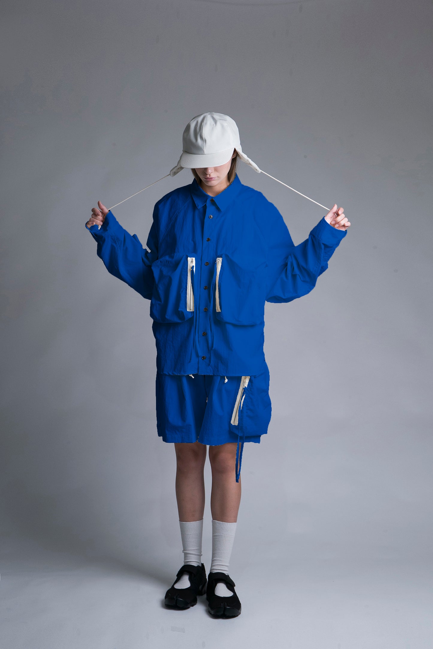 MY BEAUTIFUL LANDLET NYLON DYED TAFFETA BIG POCKET SHIRT - BLUE