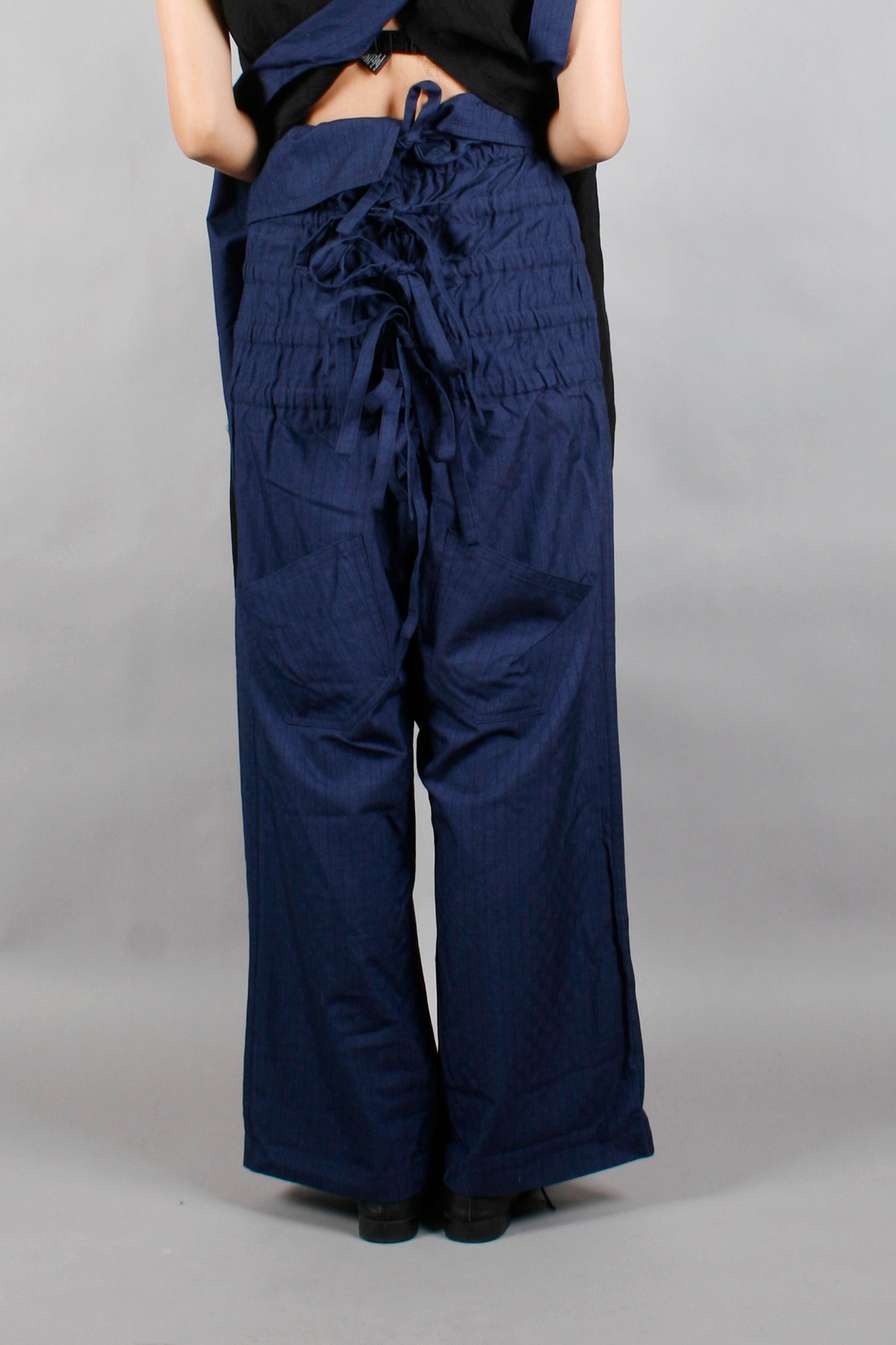 VINTAGE Yohji Yamamoto STRIPED WAIST FOLDED WIDE PANTS BLUE