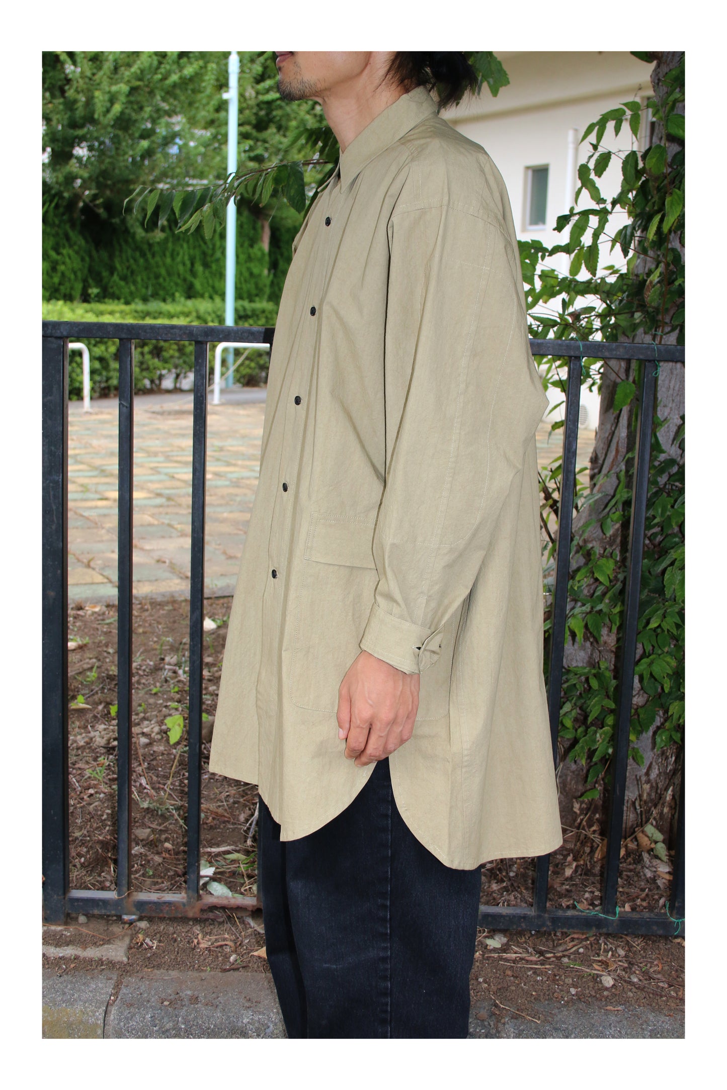 O PROJECT WASHED DENSE CLOTH LONG SHIRT - KHAKI BEIGE