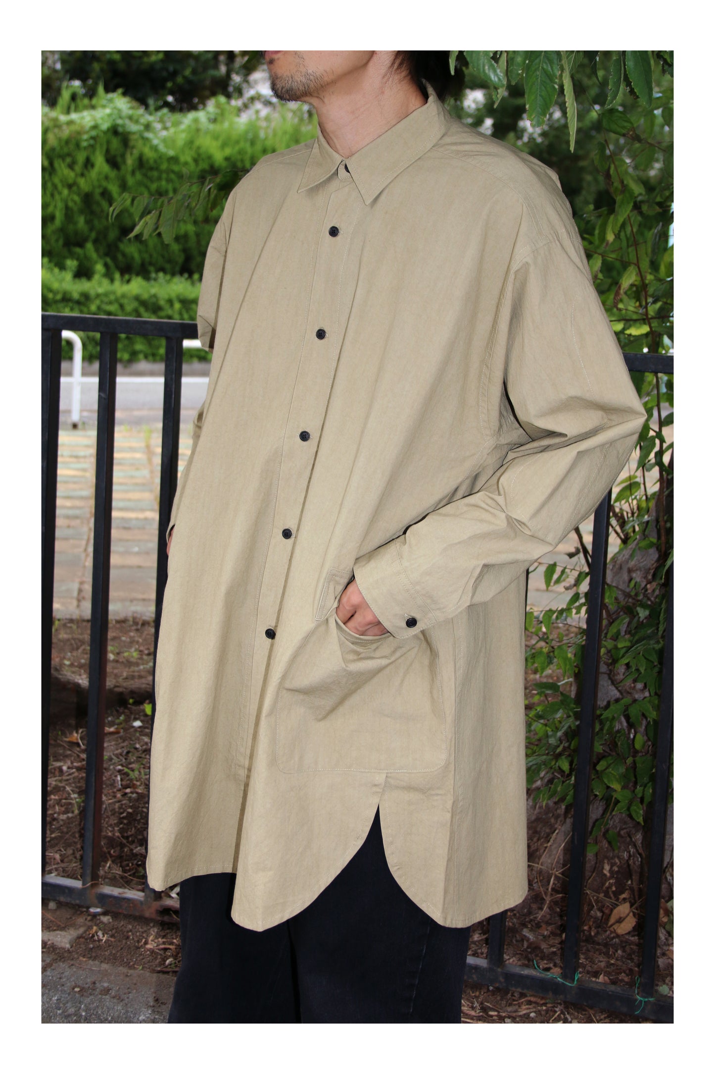 O PROJECT WASHED DENSE CLOTH LONG SHIRT - KHAKI BEIGE