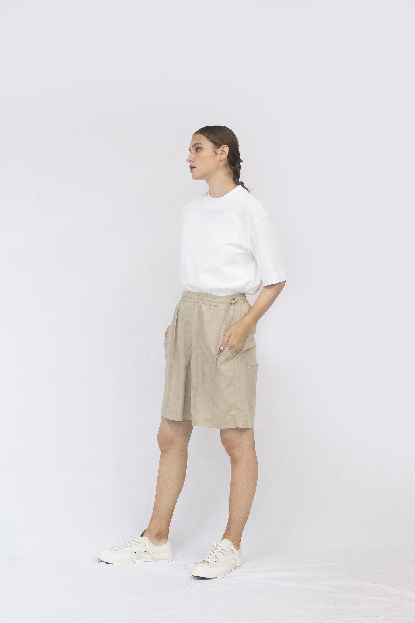 VOAAOV SOFT DRAPE MODAL SHORTS - BEIGE