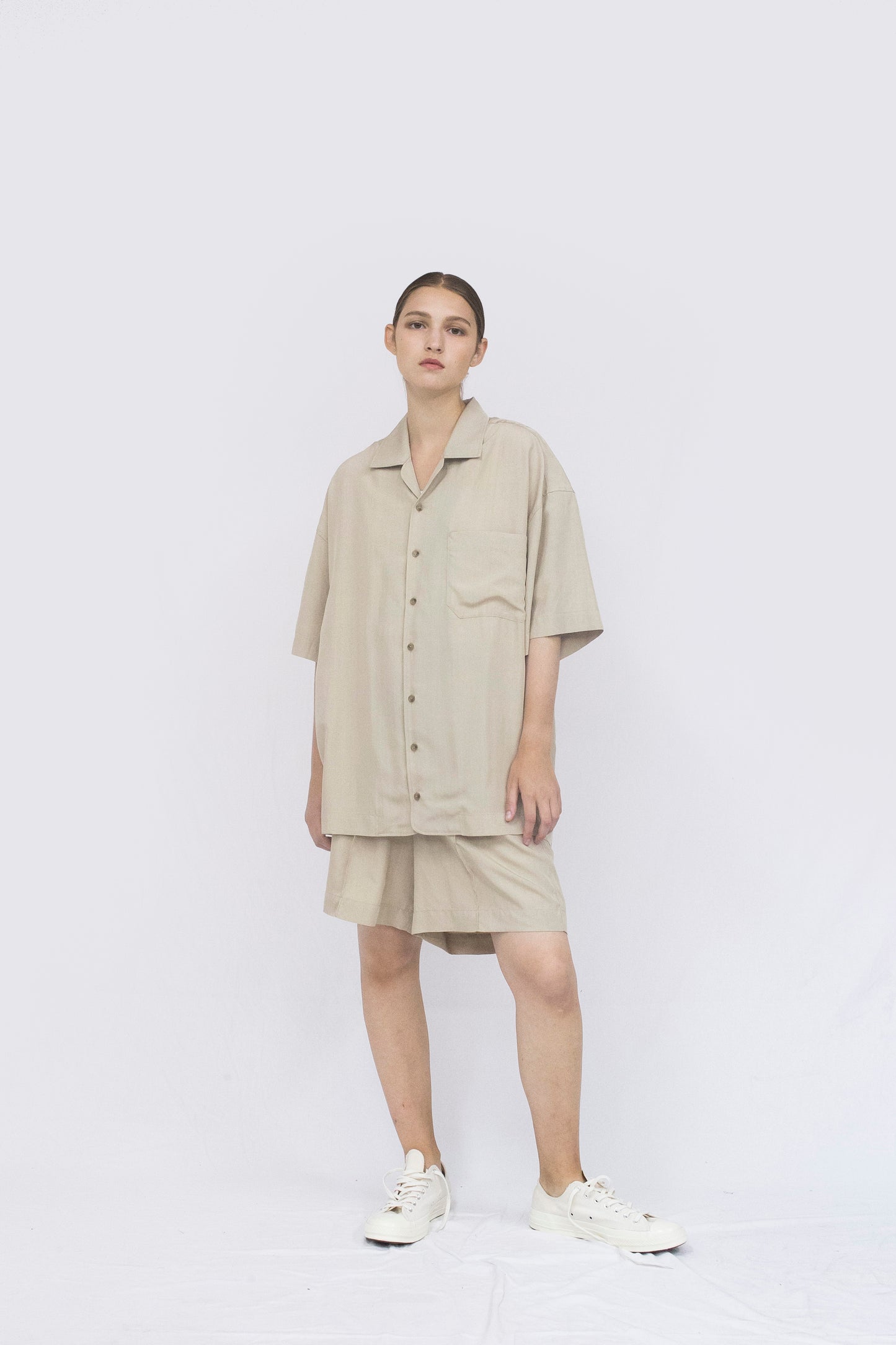 VOAAOV SOFT DRAPE MODAL SS SHIRT - BEIGE