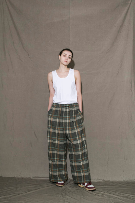 MY BEAUTIFUL LANDLET HEATHER MIX CHECKED COTTON WIDE EASY PANTS