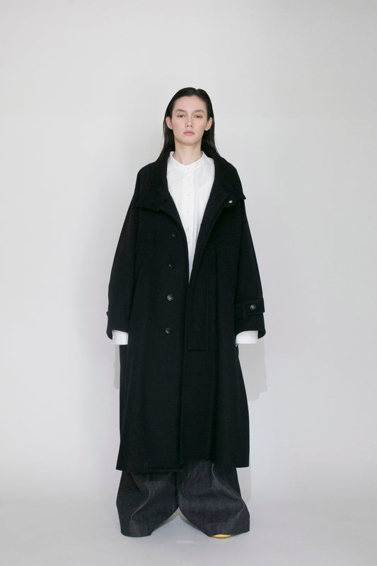 VOAAOV S100 WOOL BEAVER LONG COAT - BLACK