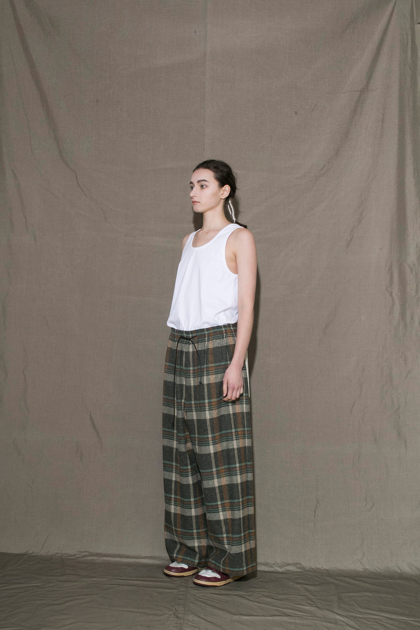MY BEAUTIFUL LANDLET HEATHER MIX CHECKED COTTON WIDE EASY PANTS